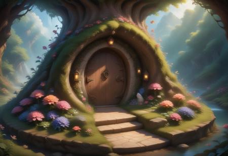 In a whimsical world, a beautiful fairy garden blooms with vibrant flowers and sparkling fountains. A delicate, crystal bridge spans a gentle stream, leading to a majestic tree with leaves that shimmer like diamonds. A friendly, fluffy rabbit hops along the winding path, surrounded by fluttering butterflies and sweet, singing birds. The garden is filled with hidden treasures, like a tiny, glowing fairy door and a secret, shimmering cave. A soft, fluffy cloud drifts lazily across the sky, casting a warm, gentle shadow over the garden. The air is filled with the sweet scent of blooming flowers and the soft, soothing sound of gentle chimes. It's a peaceful, magical place where dreams come alive and wonder waits around every corner.