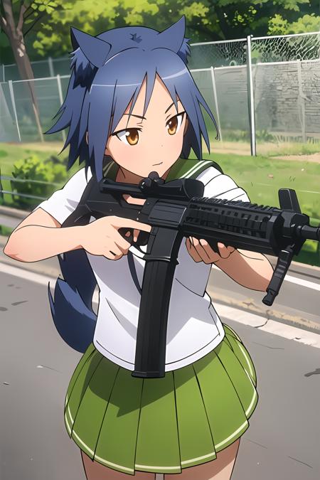 masterpiece, 1girl, galil ar \(upotte!!\), serafuku, green skirt, blue hair, animal ears, dog tail, (holding assault rifle, assault rifle, galil, detailed gun), outside, shooting range, fence, sunny, trees