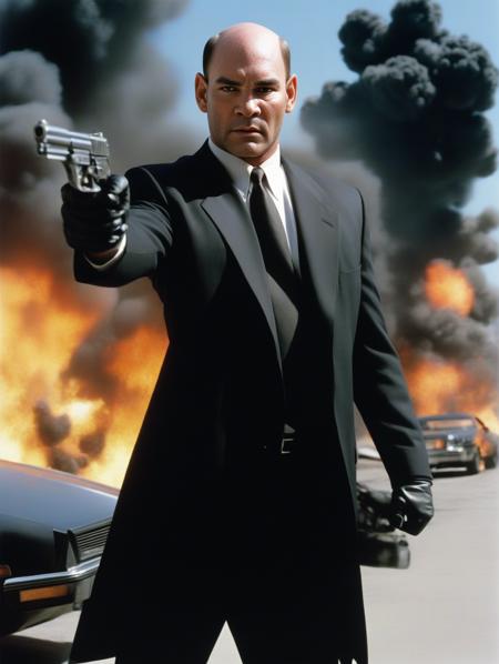 <lora:mitch_pileggi_XL:1> action movie poster, starring mitch_pileggi, smoke, cars, explosions, black suit, gloves, guns,