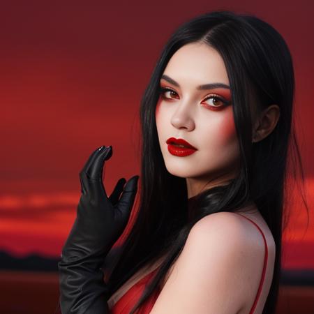 1girl, black hair, dress, elbow gloves, gloves, lips, lipstick, long hair, looking at viewer, makeup, realistic, red background, red dress, red lips, red moon, red sky, red theme, solo, standing  a bloody zombie with a red eye on a background of a dark red sky. Iâll try to create that. Please wait a moment.