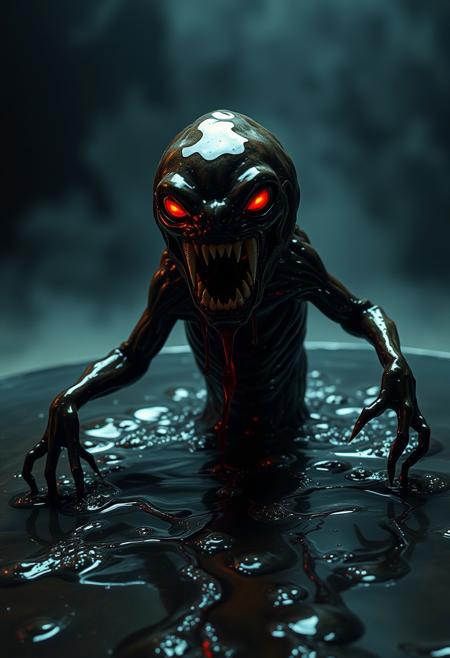 Photo of a terrifying creature emerging from a pool of dark, sticky liquid. Its body is a twisted mass of bubbling syrup, with jagged, sharp teeth made of glass and metal, resembling broken bottles. The monster's eyes glow an eerie, unnatural red, and its limbs are elongated, dripping with the same syrupy substance that trails behind it. The surface of its skin is slick and shiny, with fizzing bubbles that seem to burst and reform constantly. The background is dimly lit, with only the faint glimmer of red light reflecting off the creature's glossy body. The atmosphere is unsettling and ominous, evoking a sense of dread as the creature advances, leaving a trail of dark, viscous liquid in its wake. <lora:aesthetic10k:1.2>