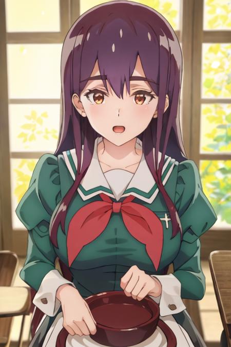 best quality, masterpiece, highres, solo, {yano_mitsuki_watashinoyuriwaoshigotodesu:1.15}, long_hair, purple_hair, brown_eyes, hair_between_eyes, 1girl, breasts, green_shirt, juliet_sleeves, long_sleeves, looking_at_viewer, neckerchief, puffy_sleeves, red_neckerchief, school_uniform, bangs, door, indoors, open_mouth, upper_body, white_sailor_collar