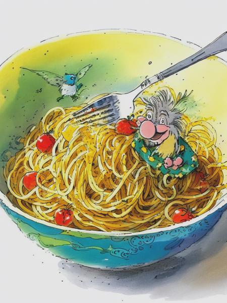 <lyco:QuentinBlake:1.0> a bowl of spaghetti, quentin blake style,