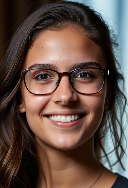 close up dramatic faceshot, full face and hair, dramatic side angled, beautiful young girl with prominent dimples and wearing glasses, 
ultra detailed skin, perfect eyes, smiling, 
realistic high resolution image, life like quality, cinematic scene with natural window lighting on partial face,
natural skin texture,, fine pores,, realistic skin,, intricate skin details,, skin dentation,