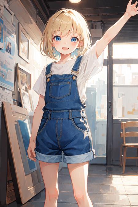 masterpiece, best quality, illustration, chibi, petite, 1girl, medium beige hair, blue eyes, denim overall shorts, smile