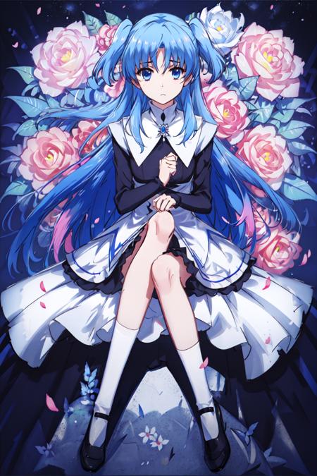 masterpiece,beat quality, 1girl, solo,blue hair, blue eyes,two side up,<lora:ChthollyV3-pruned:0.6>,<lora:ChthollyV2:0.2>,skirt,white socks,black shoes,sitting,petals, flower