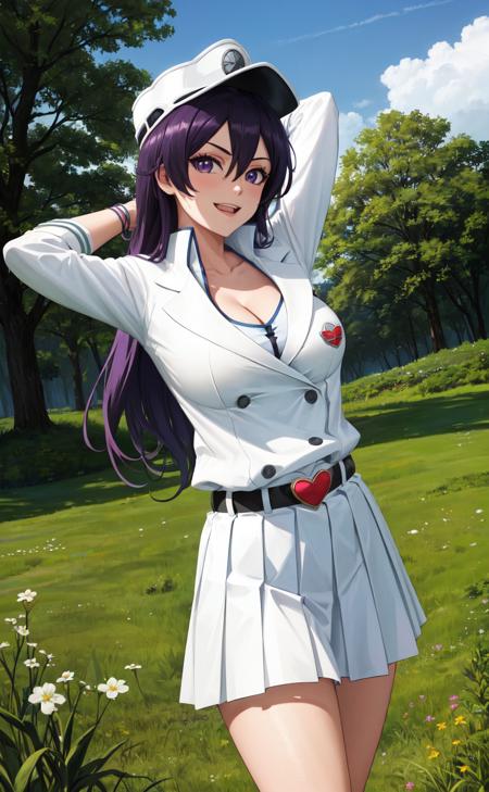 masterpiece, best quality, highres,
BambiettaDef, 1girl, solo, black hair, bangs, purple hair, purple eyes, hair between eyes, very long hair, brown eyes, long hair, breasts, large breasts,
cleavage, collarbone, no bra, skirt, long sleeves, hat, jacket, heart, pleated skirt, belt, uniform, groin, military, military uniform, white headwear, white jacket, white skirt, peaked cap, military hat, 
<lora:LoRA_Bambietta:1>, cowboy shot, looking at viewer, arms behind head, outdoors, grass, field, forest, sunlight, cloudy, laughing,