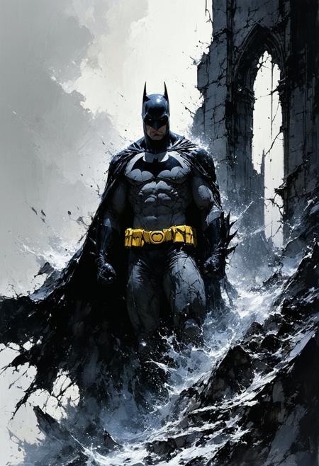 Batman in a monochrome storm, his cape a tidal wave of ink swallowing a crumbling Gotham penthouse (extreme low angle, horizon tilted). Sin City’s nihilist edge: the world is shredded newsprint and India ink, the glowing sulfur-yellow Bat-symbol. Frank Miller’s chiaroscuro hones his silhouette: block-jawed cowl, cape hooks sharp as blades. Rain like slashes of white, dissolving into the void below.