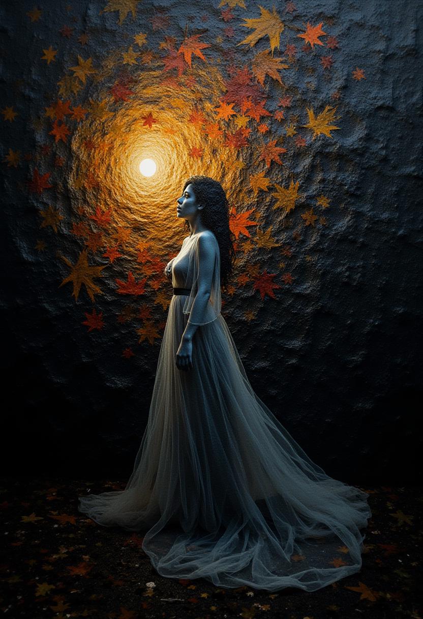 A breathtaking masterpiece by Anton Fadeev, Franck Tacito, and Tomek Setowski showcases a mesmerizing woman enveloped in a cloak of shadows and light. The exquisite use of luminous shades and subtle shadows creates a captivating atmosphere, inviting viewers to explore the intricate details. The composition features elements of wildlife, autumn, and railways, seamlessly woven together to form a cohesive and captivating narrative.  The enigmatic beauty of the woman at the center is accentuated by her gaze into the distant horizon, conveying a sense of timeless elegance. Her delicate posture is contrasted against the intricate, organic structures in the background, further emphasizing her ethereal presence. The rich colors are reminiscent of Albert Marquet's designs, evoking a sense of otherworldly beauty.  The stormy weather adds a dramatic element to the piece, heightening the sense of intrigue and mystery surrounding the woman. The deep focus captures every minute detail, from the smallest leaf to the furthest mountain, creating a sense of depth and immersion. The use of Kodak Ektar 100 film stock provides vibrant, rich colors that pop against the stark black background, drawing the viewer's attention to the central figure.  The Bohemian style incorporates organic shapes and textures, adding to the overall beauty and allure of the artwork. The 100mm lens captures the woman in sharp focus, making her the center of attention and emphasizing her enigmatic presence. This painting is a stunning example of contemporary art, blending various styles and elements to create a captivating image that transcends time and space. ,<lora:aidmaHyperRealism-FLUX-V0.2.safetensors:1.0> ,