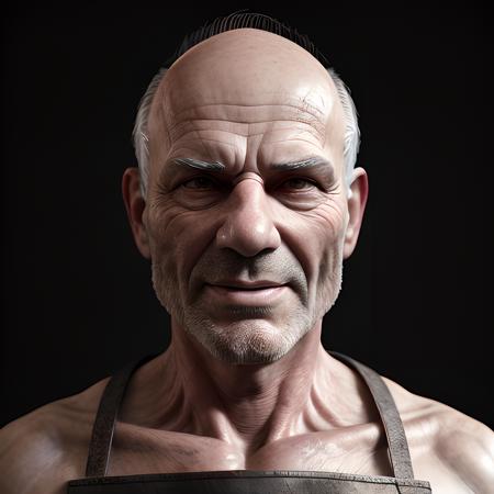 Male, 60, Italian, Gruff, Apron, Woodworker, Balding, Gray hair
complex 3d render ultra detailed photo of face, beautiful studio soft light, rim light, vibrant details, hyper realistic, anatomical, facial muscles, ((dark background)), octane render, Wild West ,<lora:more_details:0.4>