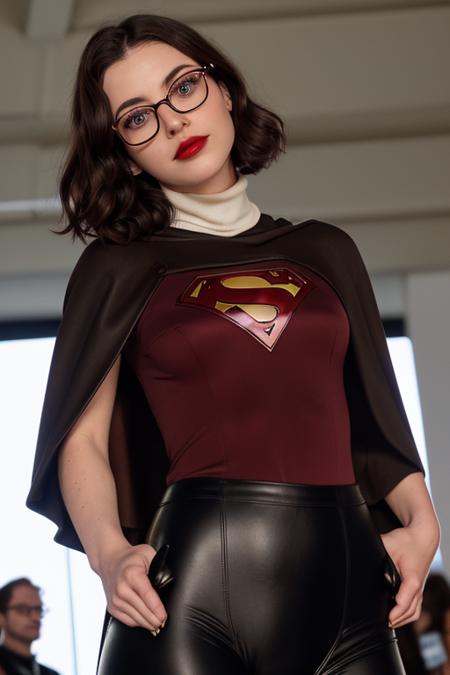 photo of franreale:0.99,a woman,((pale skin)), ((beautiful dark brown hair, short hair):1.2), ((superhero costume, cape, turtleneck, leggings, glasses):1.2),((cowboy shot, waist, hips, thighs):1.2),((walking, comic book convention)),((red lipstick):1.2), (eyeliner, eye shadow, blush), ((best quality, masterpiece, extreme details, high resolution):1.2),((detailed eyes, beautiful eyes, detailed face, beautiful face):1.2)