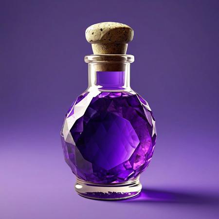 POV, frontal light, Hyper-realistic, detailed, stone design, flat texture, game item, fantasy style, amethyst-colored magic potion in matted glass bottle, centered, side view, diffuse texture, simple colored background