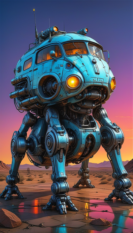 (cel-shading:2)+, (in ARTIST style:1.6), (masterpiece:1.7),  glow blue neon, hyperrealism, glossy, shinny, clear image, accurate picture, clear picture, precise image, focused image, Science fiction style, Science fiction, (cozy comfy, no humans, science fiction, vehicle focus, robot, neon night wasteland background, mecha, multi legged vehicle,transparent glass paint, mecha) comic style, (ultra sharp focus:2), (thin lines:2), (best quality:1.8),
(masterpiece:1.8), (highest detailed:1.8), perfectly lighted, (contrast), (saturated), (((sharp focus))),
(hyperdetailed:1.3), (intricate details:1.2), (Refined details:1.3), (best quality:1.5), highly detailed textures, 
(ultra sharp focus:1.8), (detailed texture:1.8), (detailed edges:1.8), (thin lines:1.8), (best quality:1.8),
<lora:Apparatus_-_Traction_City_Walkers_Vehicles:0.8>,