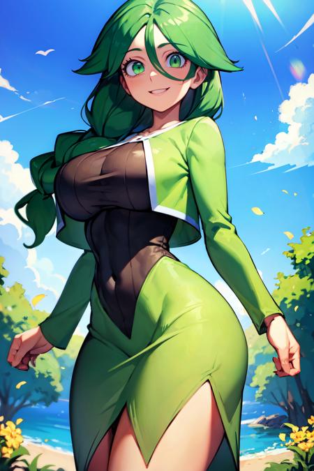  cheryl (pokemon), green eyes, single braid, hair over shoulder, green jacket, long dress,