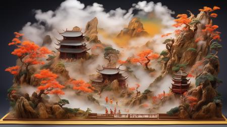 diorama, Journey to the West, miniature scale, intricate details, vibrant colors, dynamic composition, mythical creatures, Monkey King, Pigsy, Sandy, Tang Sanzang, magical landscapes, mountains and rivers, heavenly palace, fierce battles, flying clouds and swirling mists, epic adventure, traditional Chinese art style, ink painting technique    <lora:sasuichani-000002:0.8>