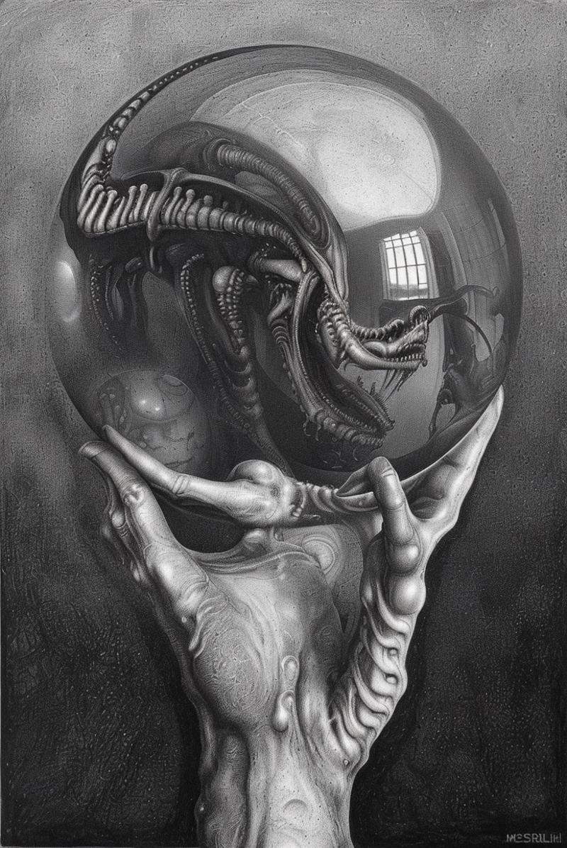 Person holding a sphere with an alien creature inside it.