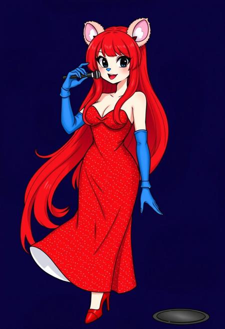 red hair, long hair, red heels, long blue opera gloves, microphone on the side, red sparkly dress, long dress, no sleeves, sleeveless, bear ears, red lipstick, blue nose, medium breasts, dark blue background, black eyes