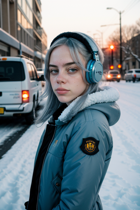 BillieEilish, short hair, junkyard in winter, ((winter coat, earmuffs, angry)), dusk, half body shot, Kodak Ektar 100e analog film, medium format 6x7 camera, 80mm, contact test, damaged print, faded, grainy, blurry, pixelated, motion blur