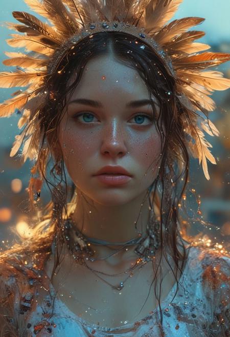 a photo portrait of soul
 (huge source of light in the center:1.5),Indian feather headdress, desert in the background, Indian bridge with a panoramic view of the city. The scene is illuminated by neon lights from nearby buildings, adding a mystical quality to the ambiance. wigwam, red sunset, ultra quality, ultra detailed, masterpiece  trending on artstation, digital art, realistic, full body, symmetrical face, beautiful, 8k, high resolution, hyperrealistic, focused, extreme details(Surrealism:1.5),epic composition,serene night, beautiful sky, dancing silhouette, Complex landscape, best quality, pastel colors, light blue tint, aesthetic Ethereal, Effulgent, Idyllic atmosphere,  Tranquil,  ethereal quality, cinematic volume, Twinkling lighting, glowing aura, global illumination,  glowneon, Anisotropic Filtering, Unrivaled Opus, Unconventional, hyper detailed, HDR, of slouchy joggers paired with a cropped tank top, teasing a glimpse of her toned midriff. Posing against a backdrop of colorful graffiti, she exudes a rebellious charm, embodying the essence of urban allure.  Eerie, unsettling, dark, spooky, suspenseful, grim, highly detailed  The overall ambiance of the illustration is clean, modern, and abstract, with a touch of surrealism., illustration background covered with glowing stars, there is a galaxy in the background at the top corners of the screen, falli