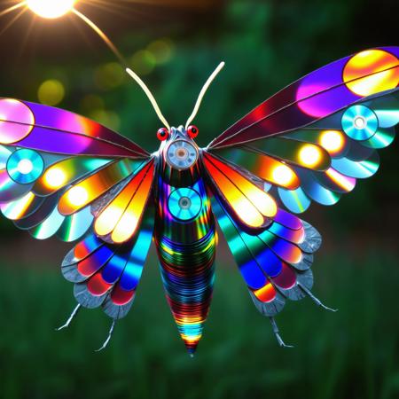macro photo, moth made of cd's, insect, moth wings, lamp, night, outside, light particles, bokeh
