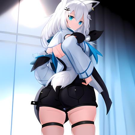 (1girl:0.976), black shorts, white hair, (fox ears:0.922), (solo:0.892), (desk:0.876), (hair ornament:0.863), (looking at viewer:0.621), (blue necktie:0.591), (eyebrows visible through hair:0.589), (indoors:0.530), (open jacket:0.501), ass, ass focus, rear view