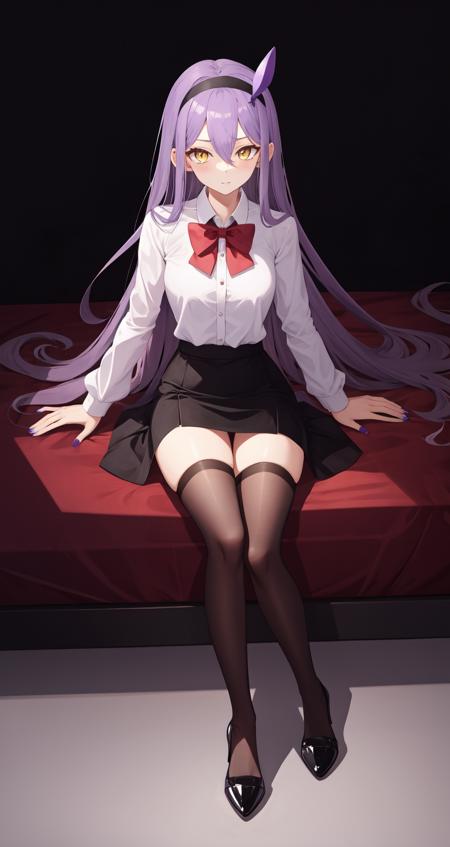 sirin, 1girl, solo, purple hair, long hair, shirt, skirt, yellow eyes, high heels, black footwear, white shirt, thighhighs, bow, long sleeves, very long hair, black skirt, hairband, simple background, looking at viewer, bowtie, hair between eyes, full body, grey background, bangs, collared shirt, purple bow, pencil skirt, sitting, purple bowtie, purple nails, closed mouth, breasts,<lora:sirin-000006:1>,, 1girl,
,  (masterpiece,best quality:1.2),absurdres