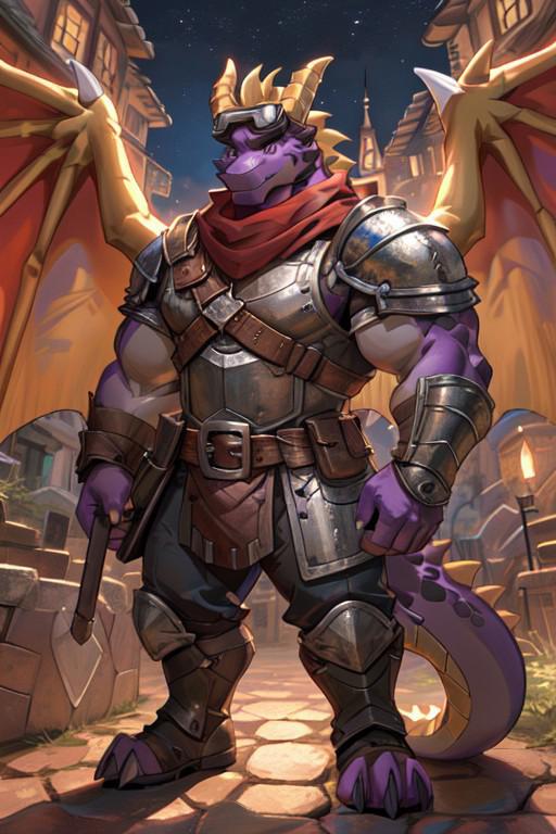 (high quality), ((spyro, dragon wings, anthro), solo, male focus, goggles, goggles on head, red bandana around the neck, (big eyes:1.2)) muscular, bodybuilder,  thick muscles, bulky muscles, hyper biceps, biceps, thick arms, thick thighs, huge thighs, thighs, huge legs, thick legs, extremely huge muscular pectorals, large pectorals, manly, smiling, (wearing cavalier armor), standing, horse behin him, detailed face, detailed eyes, detailed body, front full body view, digital art, (fantasy rpg city)