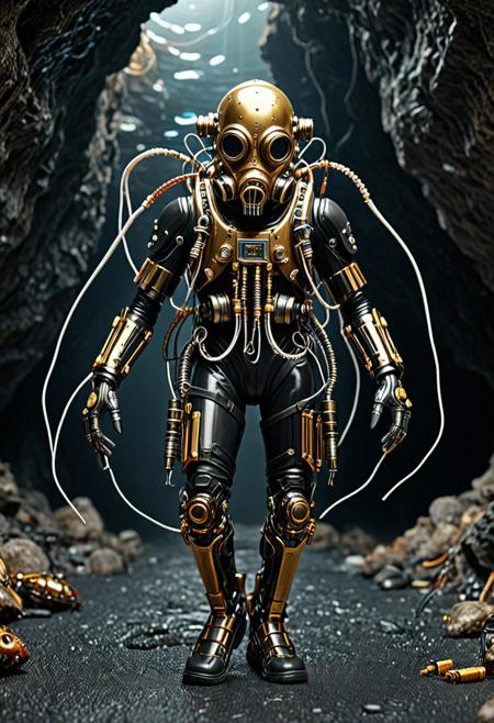 8k, Tilt shift photography style, mechanical jellyfish, walking, gas mask, squid gold part, Transistors shilver armor, shick shark arms, black face visor, mechanical back pack, shilver circuits, propeller on body, walking on the cave, simple dark background, minimalist, extremely detailed, qu4ntum
