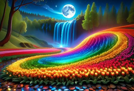 vibrant colors, shiny_skin, prefect lighting, detailed image, snoozing, masterpiece, best quality, highly detailed, ultra quality, 
made of l1qu1dp34rl, pearlescent, multicolored, jaynl-tm, hkmagic, sparkling glitter and crystals, glowing sapphire light waves, in a fantasy art style, 
flower field made of l1qu1dp34rl, flower field made of tulips,
outdoors, neon lights, glowing, glowing RGB lights, forest, tree, waterfall made of l1qu1dp34rl, river made of l1qu1dp34rl, sciencefiction, neon lights, night, moon,