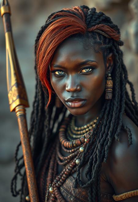 (masterpiece), (ultra realistic), (8k, cinematic lighting), (ambient_occlusion), (volumetric shadows), (rim lighting), ((exceptionally beautiful red-haired woman)), 22 years old beautiful woman, grey eyes, dark melanin skin, soft hourglass figure, long black coily hair with beads, wearing a zulu women warrior attire, outside holding a golden spear.