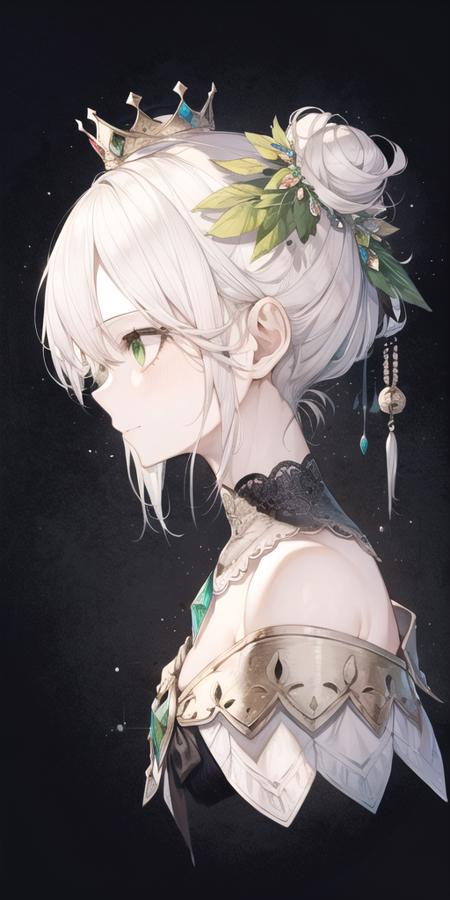 1girl, closed mouth, cropped shoulders, flower, from side, green eyes, hair behind ear, hair flower, hair ornament, looking away, portrait, profile, short hair, simple background, solo, tiara, white hair, gem, bangs, crown, black background, leaf, blush, crystal, eyelashes, hair bun, single hair bun,<lora:hito_loha_v2b:0.7>