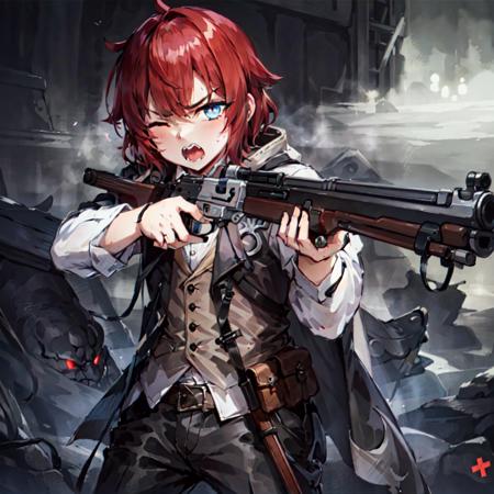 Masterpiece, high quality, (leveraction:1.2), antique firearm, 1boy, red hair, blue eyes, glowing eyes, cloak, aiming at viewer, one eye closed, detailed face, bangs, dust, smoke, fog, holding weapon, trigger discipline, dark, annoyed, angry, tall, lean <lora:leveractionrifle-AOM2:0.8>