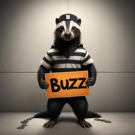 Generate an image of a honey badger dressed in a striped prison suit, standing upright with a tough, yet comical expression. The badger holds a crudely drawn cardboard sign in its paws with the word "buzz" inscribed in bold letters. Employ a realistic style with a touch of cartoonish exaggeration for the facial features and attire. Set the lighting to a dramatic spotlight from above, casting sharp shadows and highlighting the textures of the fur and sign. Utilize a slightly elevated, three-quarter camera angle to capture the subject in a heroic, yet playful stance. Choose a color scheme that contrasts the vibrant orange of the prison suit with the darker, more natural tones of the honey badger's fur. The emotional tone should convey a mix of defiance and humor. Place the honey badger against a simple, gray concrete wall with barbed wire in the background to emphasize the prison theme. Additional elements, such as a ball and chain or a guard's hat lying nearby, can enhance the scene. The technical settings should be in high resolution (1920x1080) and a 16:9 aspect ratio to provide clear details and a cinematic view. Keywords for AI image generation include: honey badger, prison suit, sign, buzz, spotlight, realistic cartoon, defiant humor, concrete wall, barbed wire, and elevated camera angle.