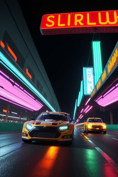 A snail racing though an empty city highway at night, it's shell is painted with rally stripes similar to a racecar, attached to the shell are twin jet engines emitting a blue flame. Emphasize the fast speed of the snail through motion blur of the dark city streets in the background and trails of colorful neon lights.