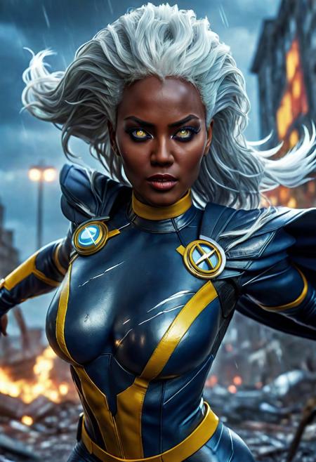 UltUltra detailed digital art masterpiece, Hyperdetailed, hyperrealism, extremely high resolution of Beautiful black Superheroine Ororo Munroe as Storm, Greg Rutkowski style, stands in a bloody, sinister battle in the streets of a ruined city, Realistic black eyes, wavy grey hair, Intricately designed blue and yellow X-Men Superheroine combat costume with X logo, Marvel, X-Men, 8K, deep color, Cinematic Lighting, intricate smooth, sharp focus digital painting, Artgerm, WLOP, Greg Rutkowski, Beautiful 21 years old Ororo Munroe as Storm, Intricately Designed handsome black face, Marvel comics, Realistic combat dirty clothing, perfect whole athletic body, defiant and seductive, Photograph Taken on Nikon D750, Intricate Elegant, Digital Illustration, Scenic, Unreal Engine, CryEngine, Octane Render, 8k, Designed combat clothes, Attractive, Attractive black woman, dramatic lighting, wet and sweaty skin, beautiful firm Breasts, Daylight, Concept art by Greg Rutkowski, adding to the intense and dynamic atmosphere of the scene