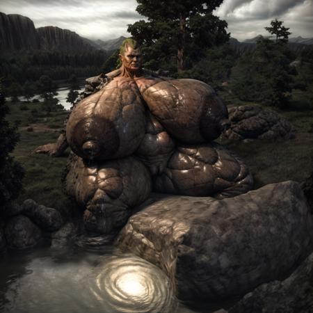 (giant), female, (titan made of rocks with trees),  grey rock skin