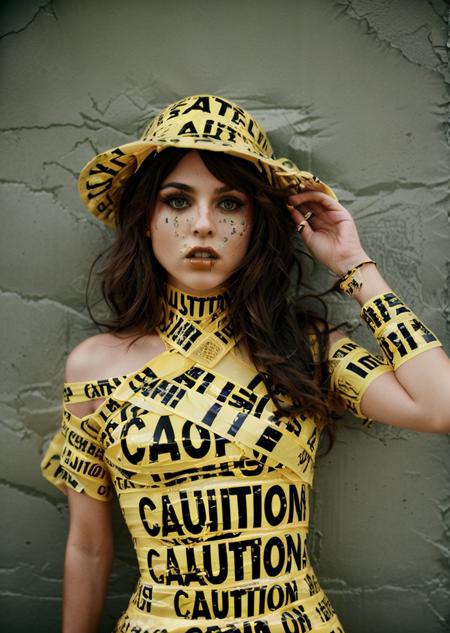 fashion photo of  a woman wearing a hat and a dress covered of tape, caution tape, keep out, Tape_people <lora:Tape_people_SD15:0.75>