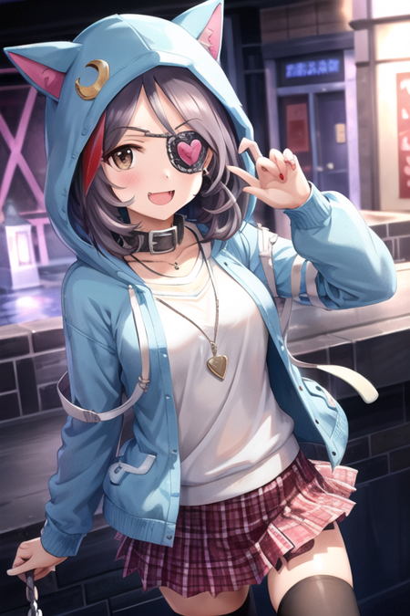 <lora:MireiHayasaka-07:0.6>,hayasaka mirei, 1girl, solo, blush, smile, short hair, open mouth, skirt, simple background, shirt, thighhighs, long sleeves, brown eyes, jewelry, jacket, purple hair, :d, heart, red hair, fang, striped, belt, black thighhighs, hood, necklace, star (symbol), collar, streaked hair, hoodie, chain, eyepatch, crescent, black background, purple skirt, animal hood, cat hood