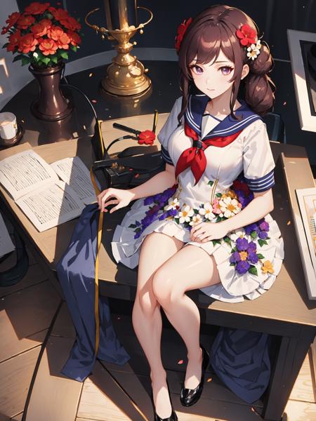 8k, masterpiece, beautiful girl, flower dress, <lora:flower_dress-1.0:0.8>, ((sailor school uniform)), classroom