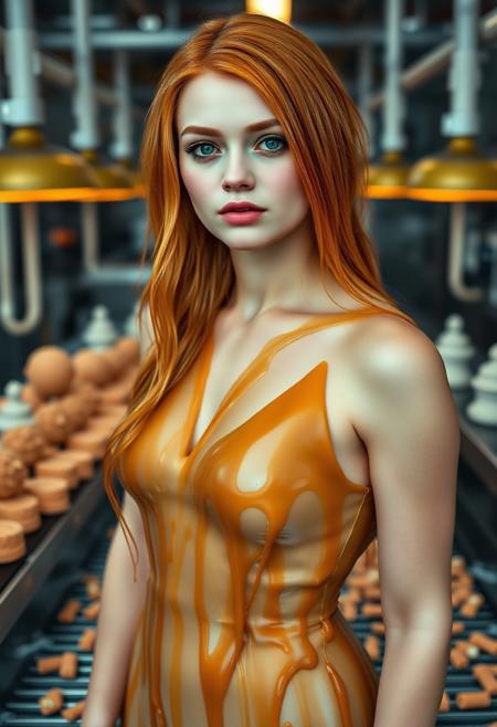 a photo of white woman, caramel-colored hair, green eyes, liquid caramel dress, candy factory, conveyor belts, sugar sculptures, warm artificial lighting, realistic style