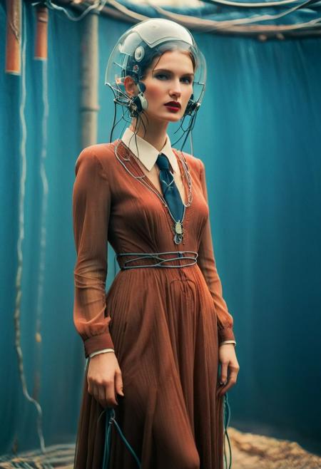 Create an image of an female Slender translucent dark-red skinned female, Long billowing dress Made of cables and hoses, standing at a corner, peeking out curiously. It is wearing a vintage suit with a hat and tie. The colors of the image should be vibrant dark-blue water, giving it a vintage look. The background is a downtown area on a sunny morning, with birds visible in the scene.
 volumetric lighting, atmospheric haze, Film grain, cinematic film still, shallow depth of field, highly detailed, high budget, cinemascope, moody, epic, OverallDetail, gorgeous, 2000s vintage RAW photo, photorealistic, candid camera, color graded cinematic, atmospheric lighting, skin pores, imperfections, natural, shallow dof,