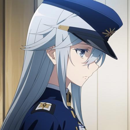 lena, 1girl, solo, hat, hair between eyes, closed mouth, uniform, from side, military, military uniform, looking down, blue jacket, portrait, high collar, military hat, thinking <lyco:lena:0.8>