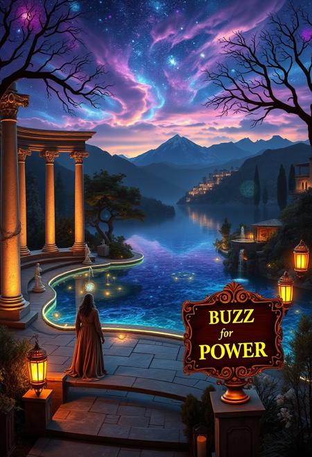 A mystical landscape at twilight, centered around a glowing crystal lake reflecting vibrant nebulae and distant galaxies. Grand marble columns and statues reminiscent of Italian architecture line the shores, adorned with glowing vines. Towering bioluminescent trees with ornate branches softly illuminate the scene, while terraced villas and cascading fountains, inspired by Tuscany, rise in the distance. Iridescent mountains blend with the luminous clouds above, creating a dreamlike horizon.
In the foreground, a figure in flowing robes reminiscent of Renaissance nobility stands on a stone piazza leading to the lake. Around them, floating orbs of light and ancient runes circle as they weave a magical spell. Nearby, an elegant wooden sign made from polished mahogany, with intricate scrollwork and gilded edges, reads ‘BUZZ for POWER’ in glowing calligraphy, perched atop a stone pedestal. Golden lanterns sway in the gentle breeze, adding warmth to the serene atmosphere. The entire scene is a fusion of otherworldly beauty and timeless Italian elegance, where nature, art, and magic blend in perfect harmony