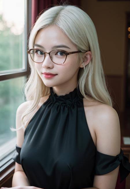 (masterpiece,best quality:1.5), asian woman with white hair, wavy hair, black evening dress, medium breasts, cute glasses girl, clear frame glasses, kind smile, potrait, face focus, looking at viewer, side view, walking on the grand hotel, uhd image, glassy translucence, vibrant illustrations, light ray, dynamic light, studio lighting, flash light,  bokeh around her (lens blur 35mm f2.8), Minolta Hi-Matic 7 Sii, Fujifilm Fujicolor 100, film grain,  mysterious, twilight sky, cloud, eyes detail, beautiful eyes, light in eyes, upper body