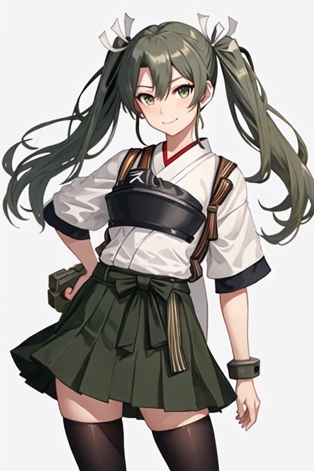 best quality, masterpiece, highres, solo, {zuikaku_kantaicollection:1.15}, long_hair, twintails, ribbon, hair_ribbon, green_hair, green_eyes, smile, white_ribbon, 1girl, grey_hair, japanese_clothes, looking_at_viewer, simple_background, upper_body, hair_between_eyes, white_background