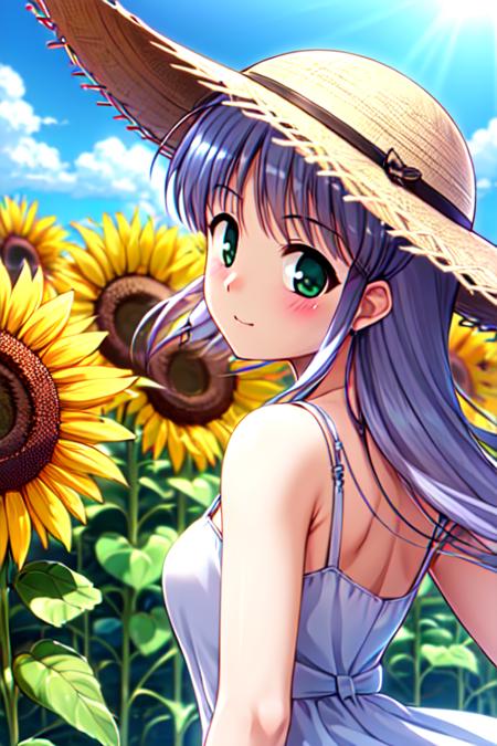 Masterpiece, Best Quality,  <lora:Feena_Local_03_10:1>, Feena, sundress, sunflower,  sunny, looking back, straw hat, upper body, dynamic pose, closed mouth