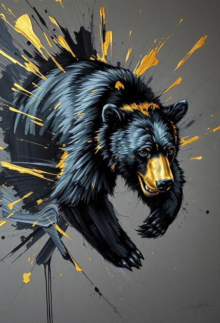 A hyper-stylistic, extremely detailed image depicts a breathtaking painting, crafted from a combination of smeared black and gold metallic paint. A bear is captured in a streaked motion, as if it is moving rapidly in one direction. The black paint is applied in bold, dynamic strokes, creating a sense of energy and movement that is contrasted beautifully by the golden accents. The gold paint is used to highlight the bear's features, adding a sense of depth and dimensionality to the image. The overall effect is one of breathtaking, surreal dynamism, as if the viewer has captured a fleeting moment in time. Every detail of the image is meticulously crafted, from the delicate, swirling patterns of the gold paint to the intricate, textured patterns of the black paint. The contrasts between light and dark, color and texture, create a sense of tension and energy that draws the viewer in, inviting them to explore the kinetic world of the painting. highest-Quality, intricate details, visually stunning, Masterpiece