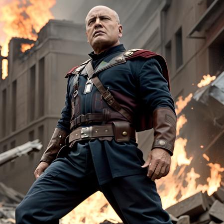 film still of BenitoMussolini as a super hero in Avengers Endgame, epic shot, cinematic, 4k, epic background of destruction and fighting, grey and dark colors, fire, <lora:Hellloo:0.7>