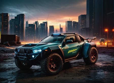 cyberpunk-inspired off-road tech car with gear and guns attached, ((((dirty)))), in cyberpunk urban photoshoot, sunset, glowing lights, well framed at middle range, extreme detail, illegal battle car, extreme photorealistic, 3D, 8k, Hyper detailed car, perfect soft lighting, great lighting, car photography, fisheye lens, raining, reflection, octane render, high quality, <lora:more_details:1.2>