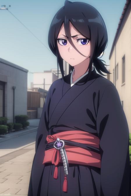 rukia kuchiki, default rukia, black hair, hair between eyes, (purple eyes:1.1), rukia kuchiki, shorthair rukia, short hair, black hair, hair between eyes, (purple eyes:1.1), weapon, japanese clothes, sword, kimono, katana, sheath, hakama, black kimono, long sleeves, wide sleeves,